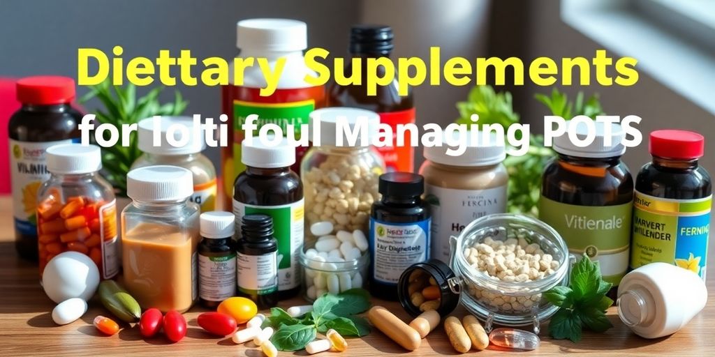 Assorted supplements for managing POTS symptoms on table.