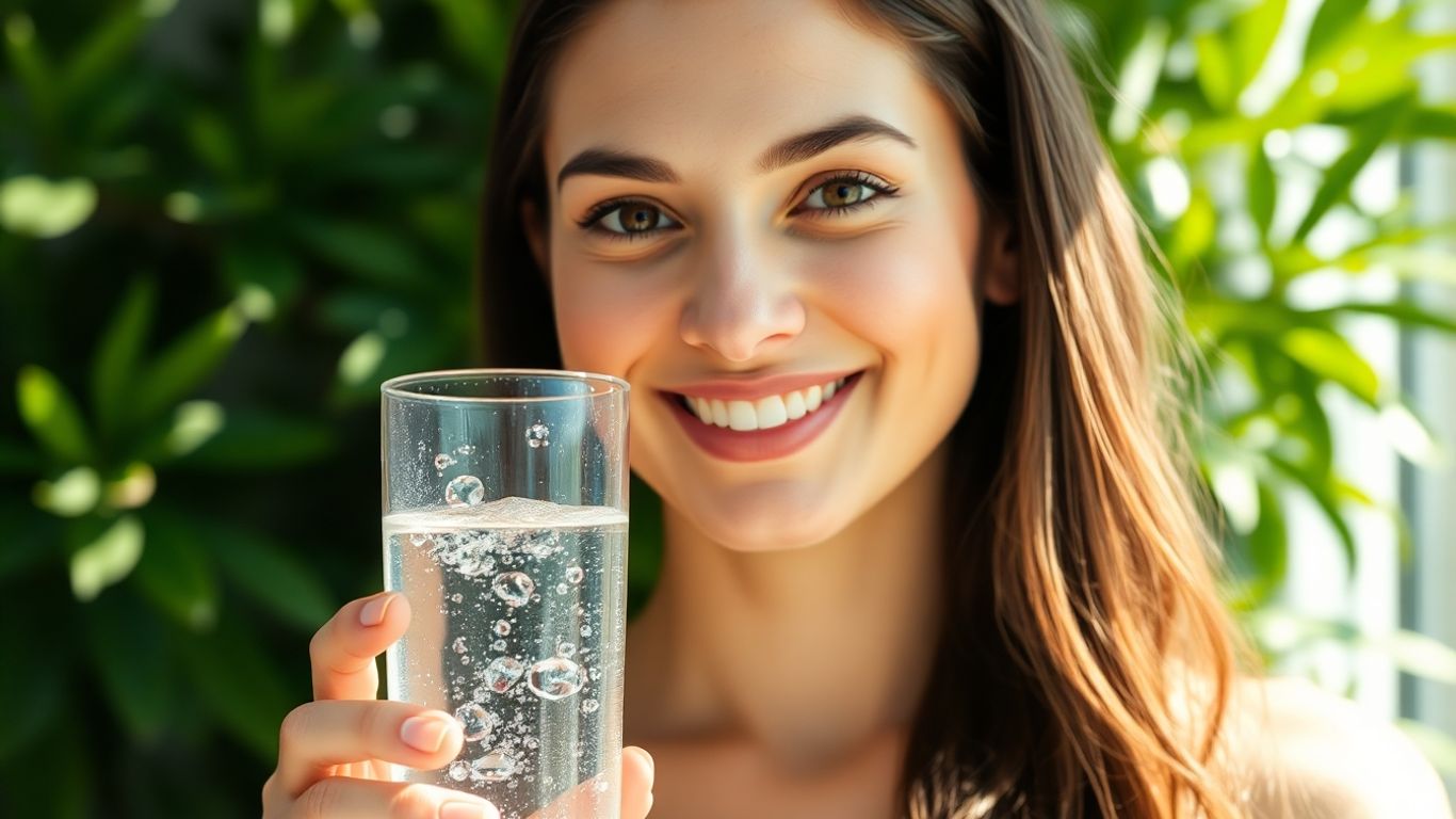 Woman drinking water with plants in background
