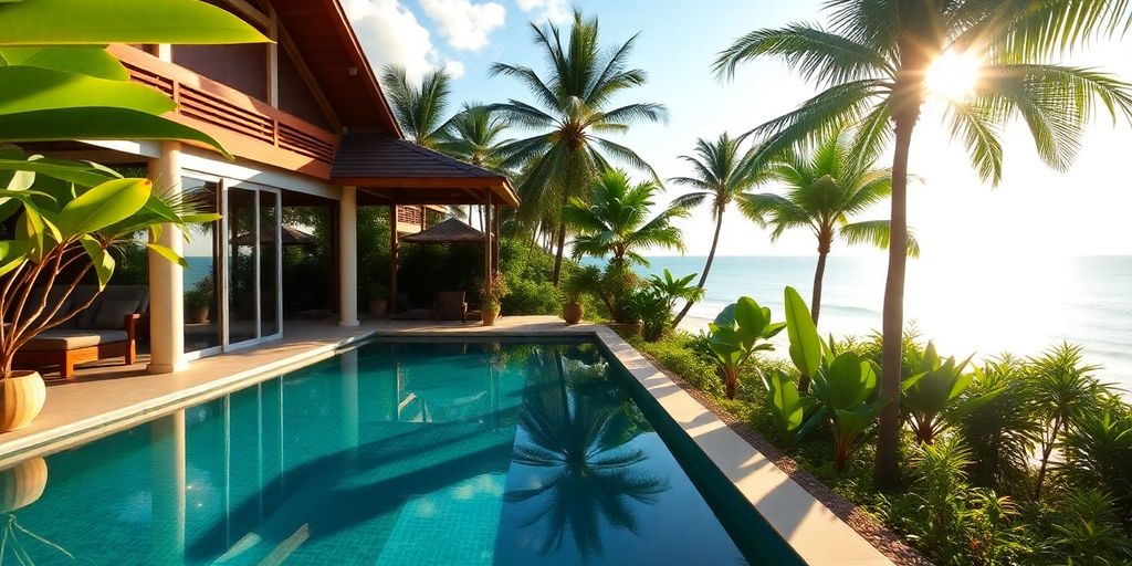 Thai villa with tropical garden and ocean view.