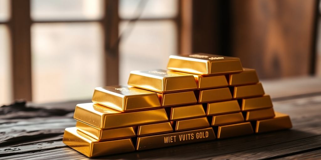 Lingots d'or empilés sur une table en bois rustique
