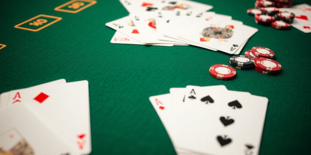 Blackjack cards and chips on a felt table.
