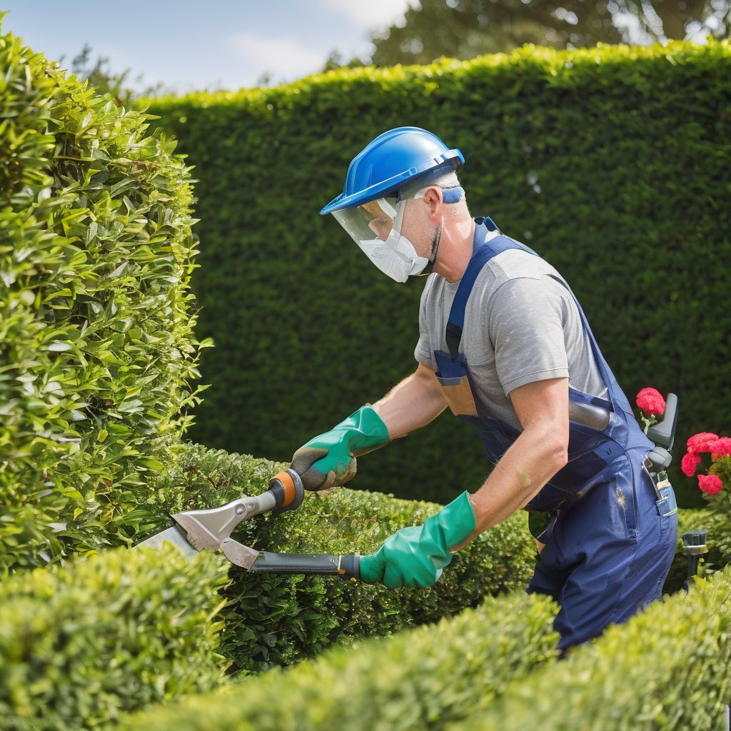gardener wearing safety gear trimming hedges