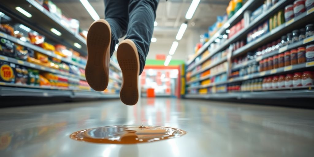 What to Do If You Slip and Fall in a Savannah Grocery Store 1 Person falling near spilled liquid in grocery aisle.