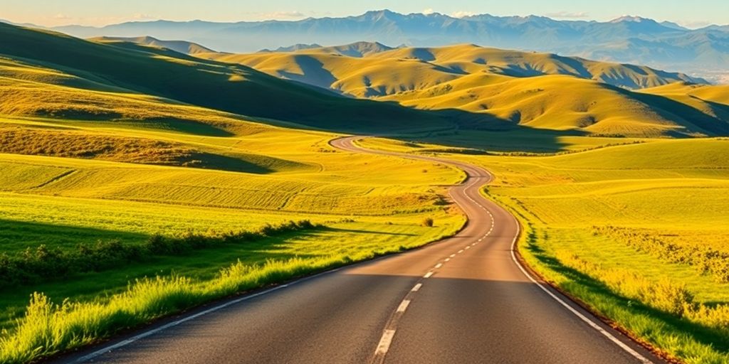 Road curving through a scenic landscape.