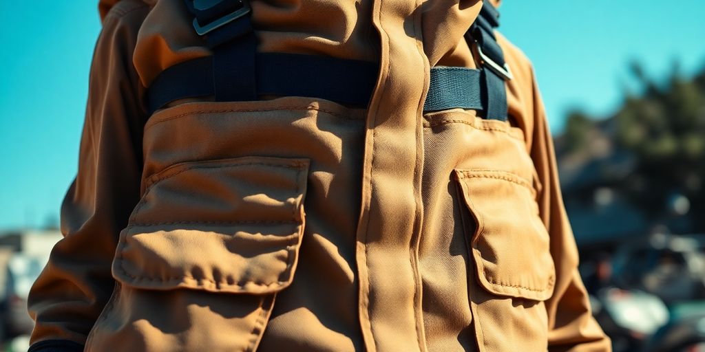 Outdoor worker wearing durable work clothes in a field.