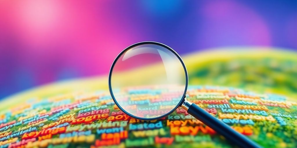 Magnifying glass over colorful long-tail keywords.