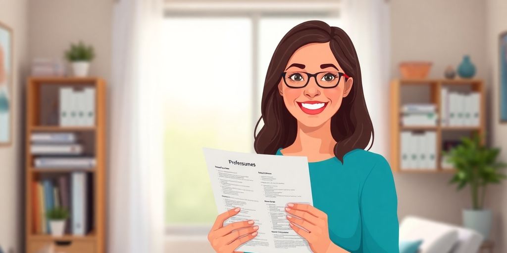 Woman confidently presenting resume at a desk.