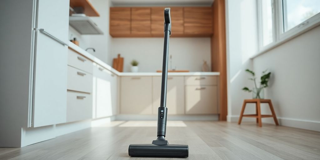 Küchenbild mit einem kabellosen Staubsauger.