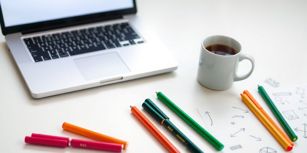Laptop, coffee, and scattered marketing notes.