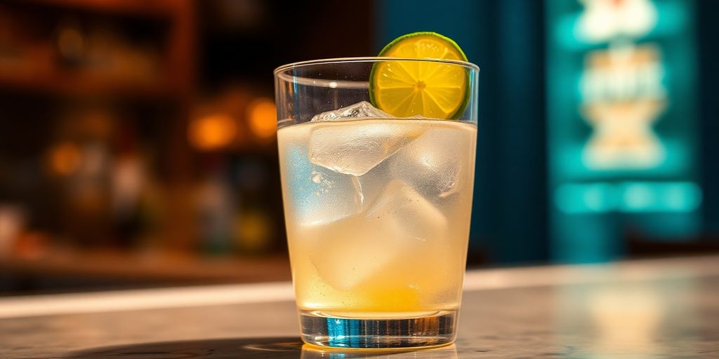 Close-up of a cocktail glass on a bar counter.