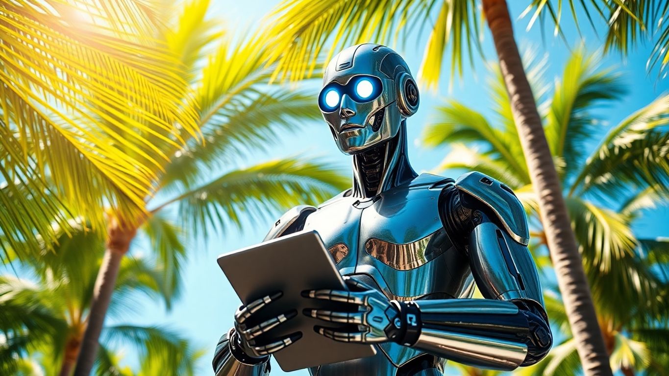 AI cyborg sales rep with palm trees