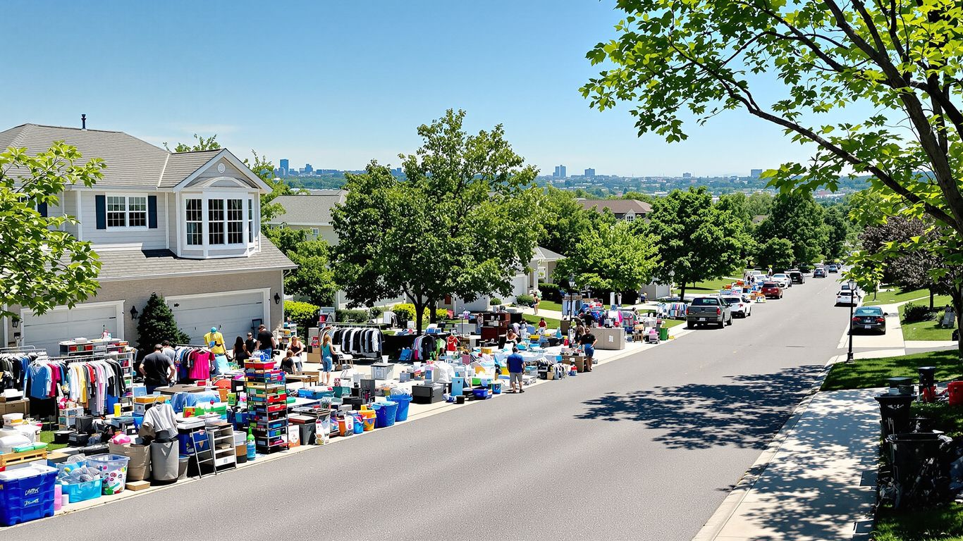 Busy suburban street with multiple garage sales and browsing neighbors.