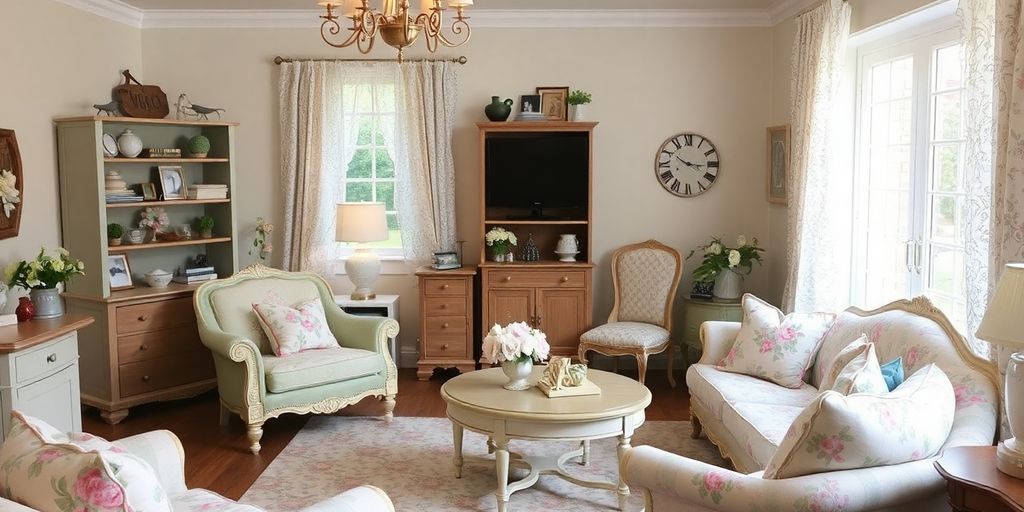 Shabby chic living room with pastel decor and vintage furniture.
