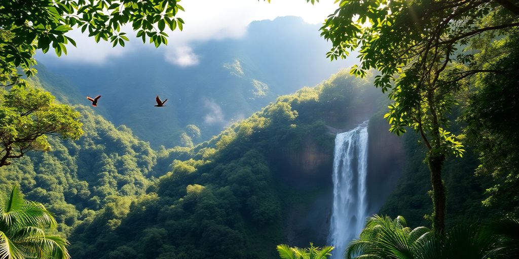 Lush green mountains, waterfall, rainforest canopy.