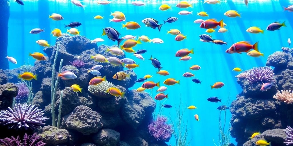 Peces coloridos en un acuario de agua salada claro.