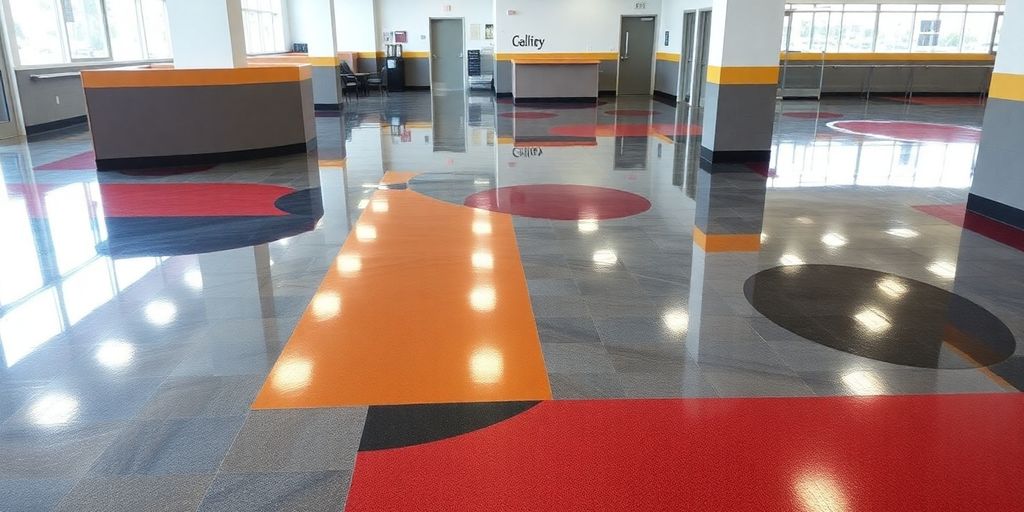 Colorful epoxy flooring in a commercial interior setting.