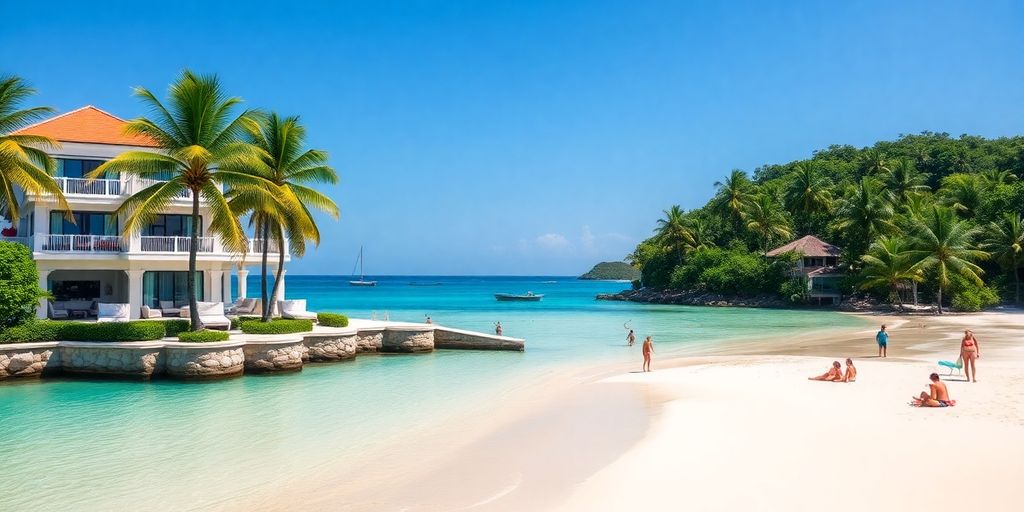 Tropical beach in Samui with luxurious villas and palm trees.