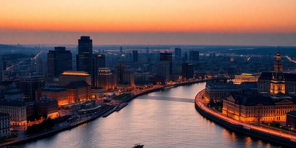 London cityscape at sunset with river.
