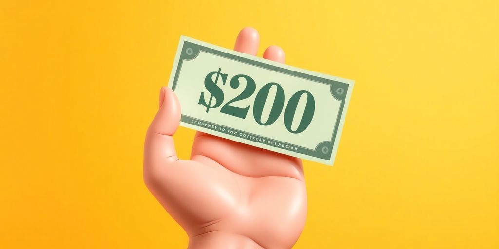 Cartoon hand holding a glowing $200 bill.