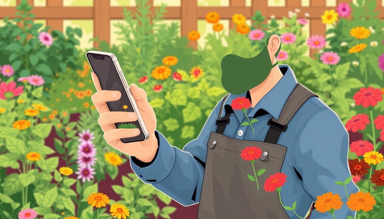 Gardener with smartphone in garden