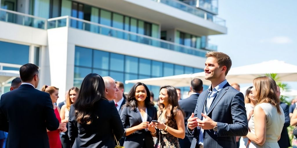 Real estate broker networking at an outdoor event.