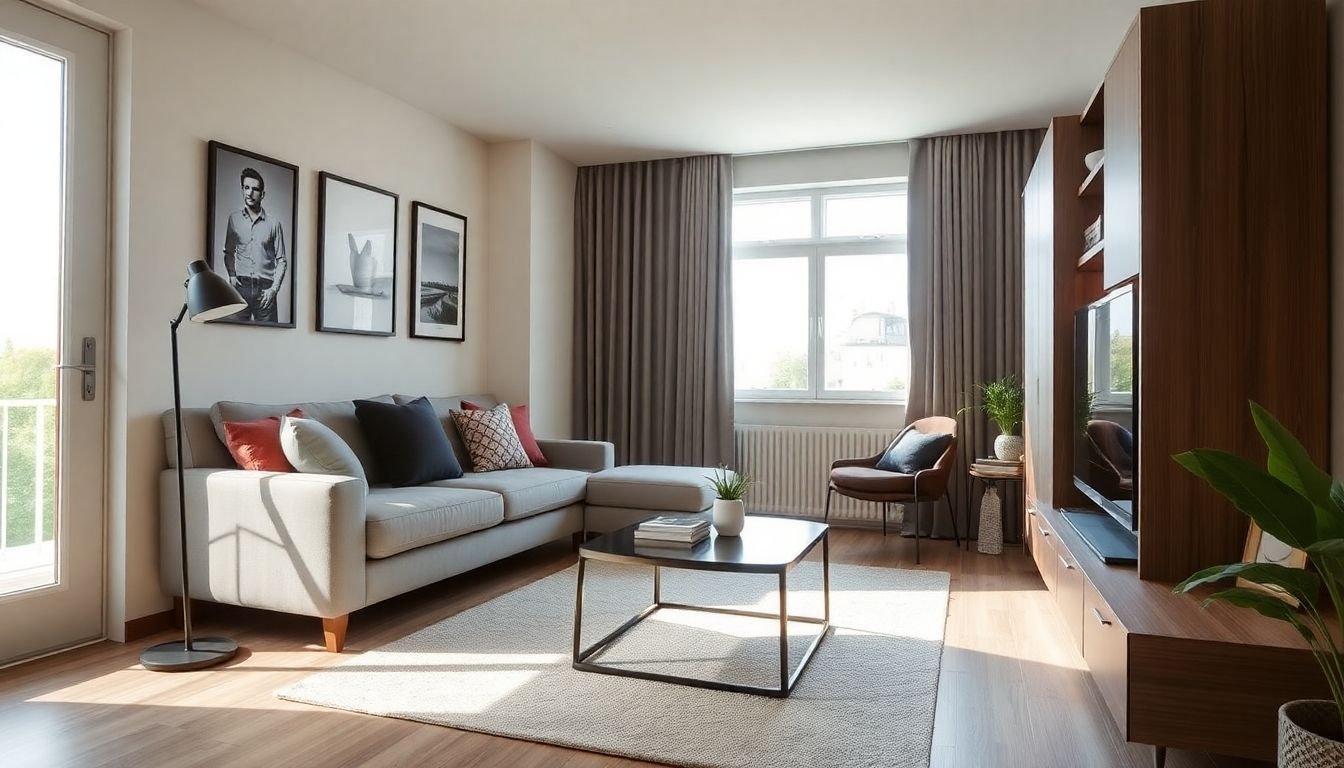 Stylish small living room with compact furniture and light.