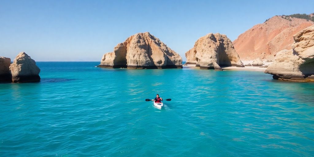 Kayaker paddles crystal clear California waters near rocky shore.