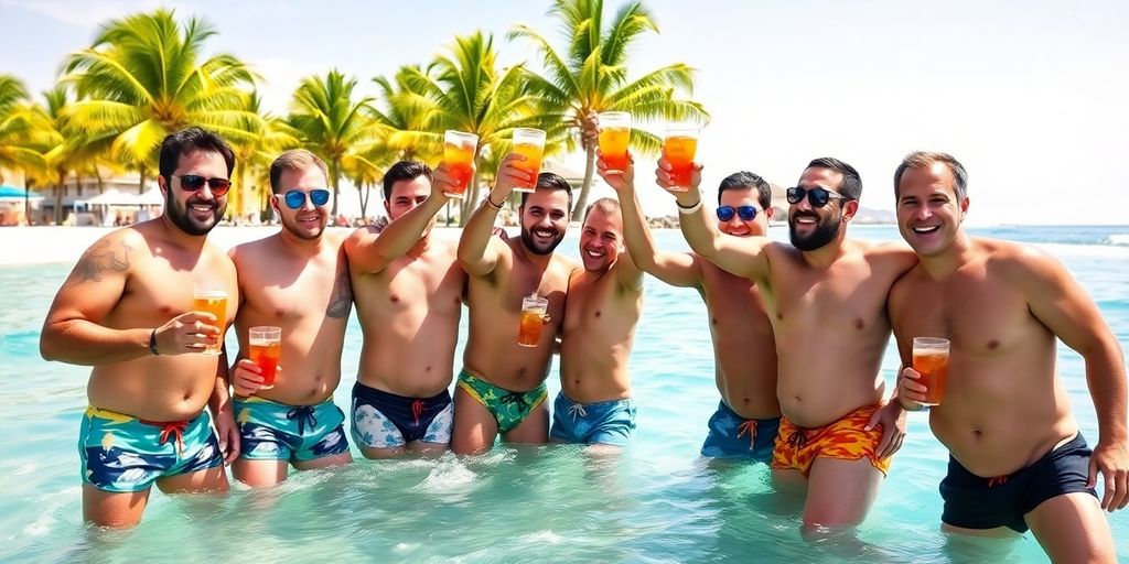 Cabo beach party with friends raising drinks.