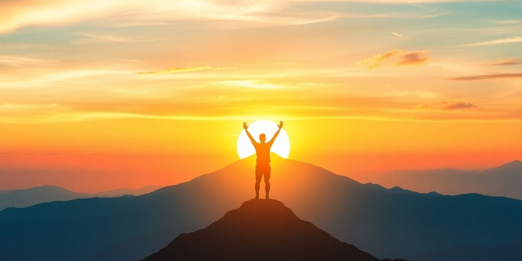 Mensen staan op een bergtop met opkomende zon.