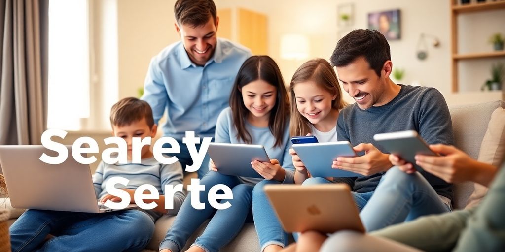 Famiglia con dispositivi digitali in un ambiente sicuro.