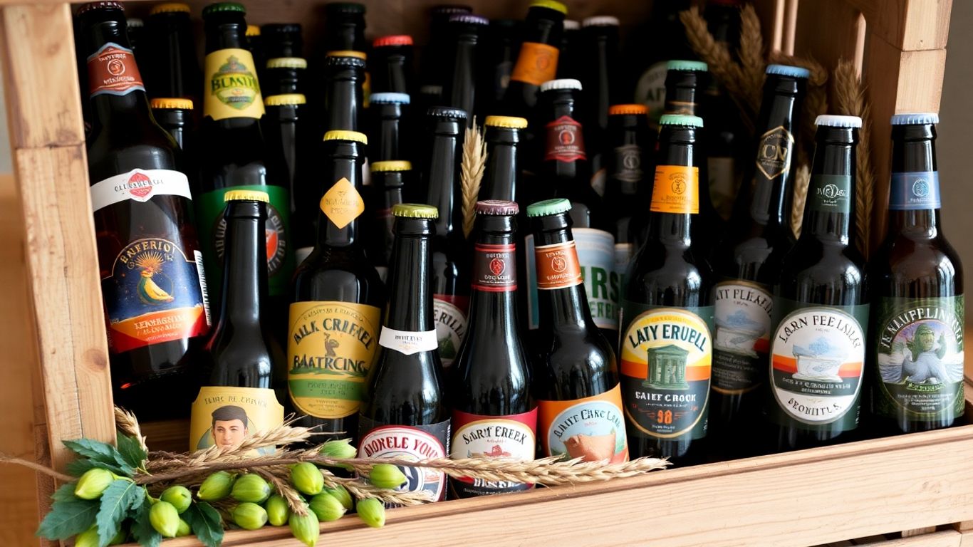 Craft beer bottles in a wooden crate with hops and barley.