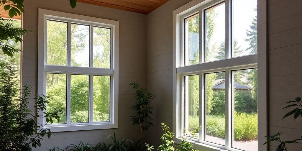 Modern home with Andersen 100 Series windows and greenery.