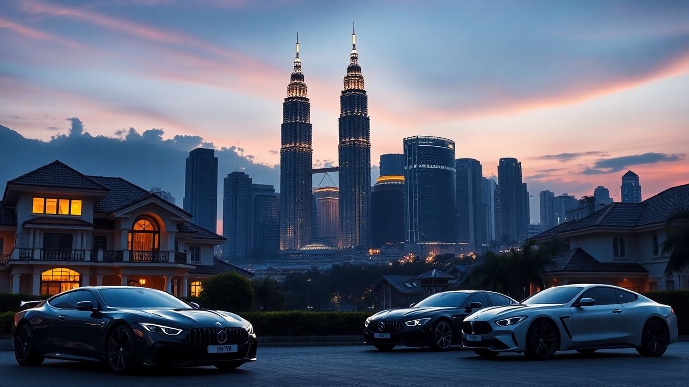 Kuala Lumpur skyline, luxury cars, mansions at dusk.
