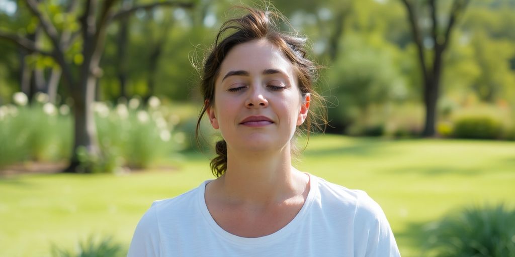 Person meditating peacefully outdoors amidst nature.
