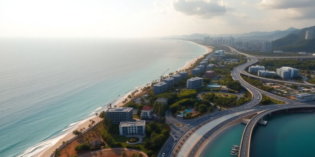 Aerial view of Phuket beachfront development with cranes and roads.