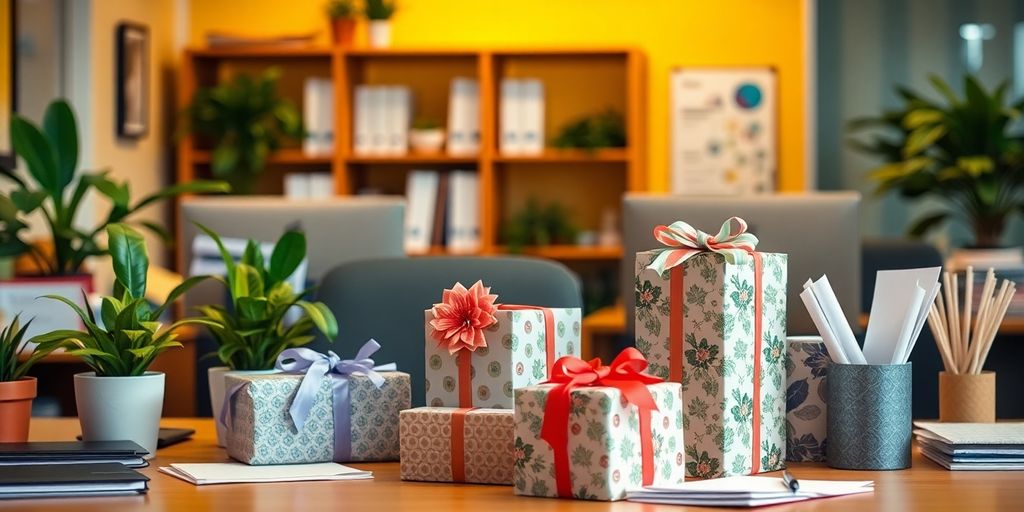 Wrapped gifts on an office desk with plants.