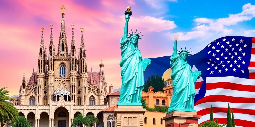 Spanish and American landmarks highlighting expat tax differences.