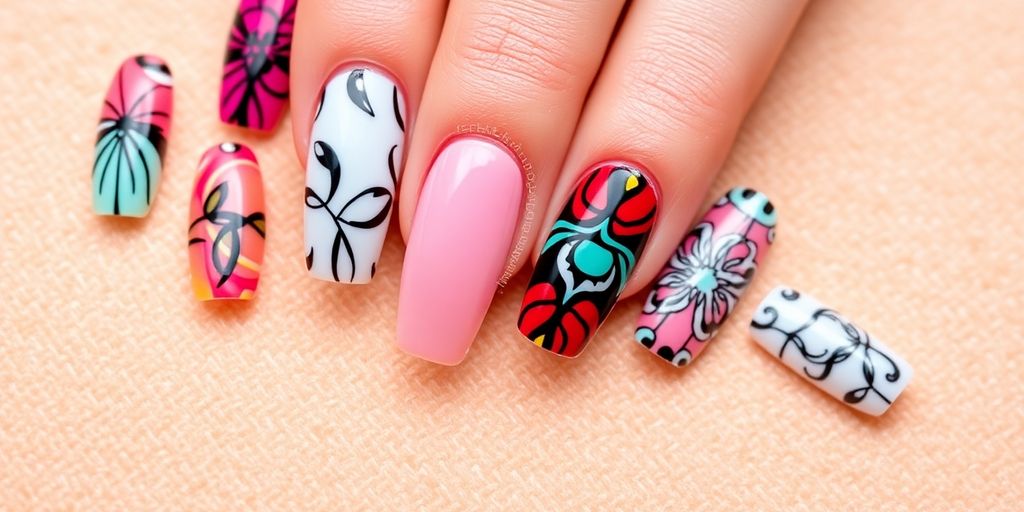 Unhas postiças variadas e elegantes em fundo suave.