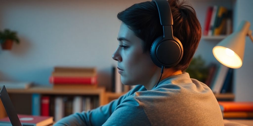 Pessoa ouvindo aulas de inglês com fones de ouvido.
