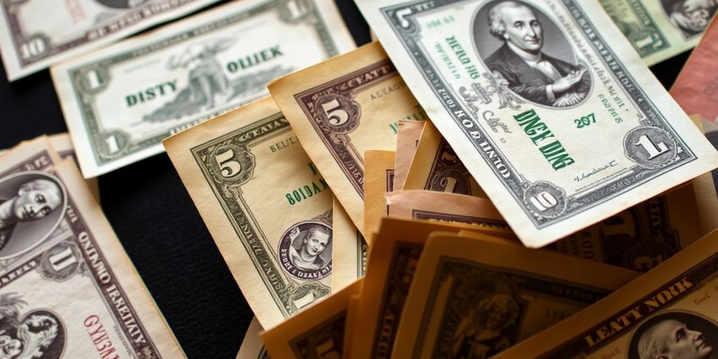 Vintage paper money collection displayed artistically.