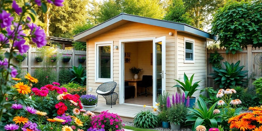 Modern garden shed with vibrant flowers and greenery.