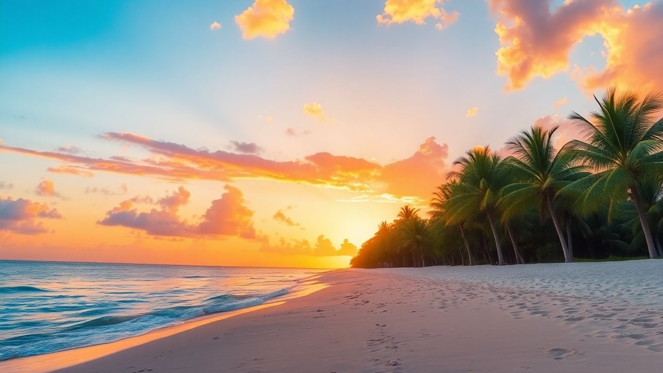 Tropical beach with palm trees and ocean at sunset.