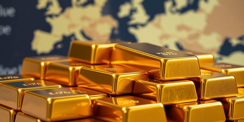 Lingots d'or empilés, carte européenne floue.