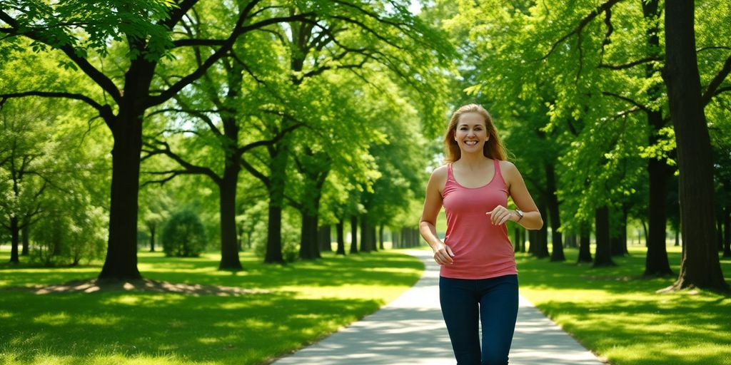 Person walking outdoors with green trees.