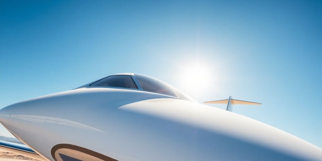 Sleek private jet exterior against a clear blue sky.