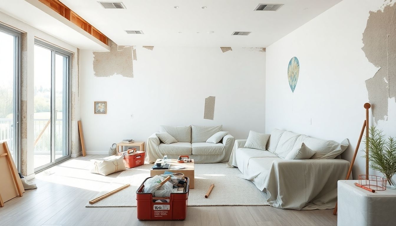 Renovation scene with tools and covered furniture.