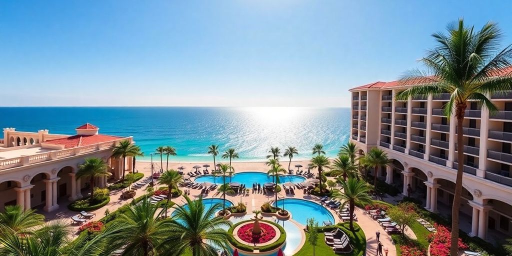 Riu Palace Cabo resort with ocean view and gardens.