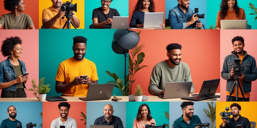 Diverse people creating videos in various cultural settings.