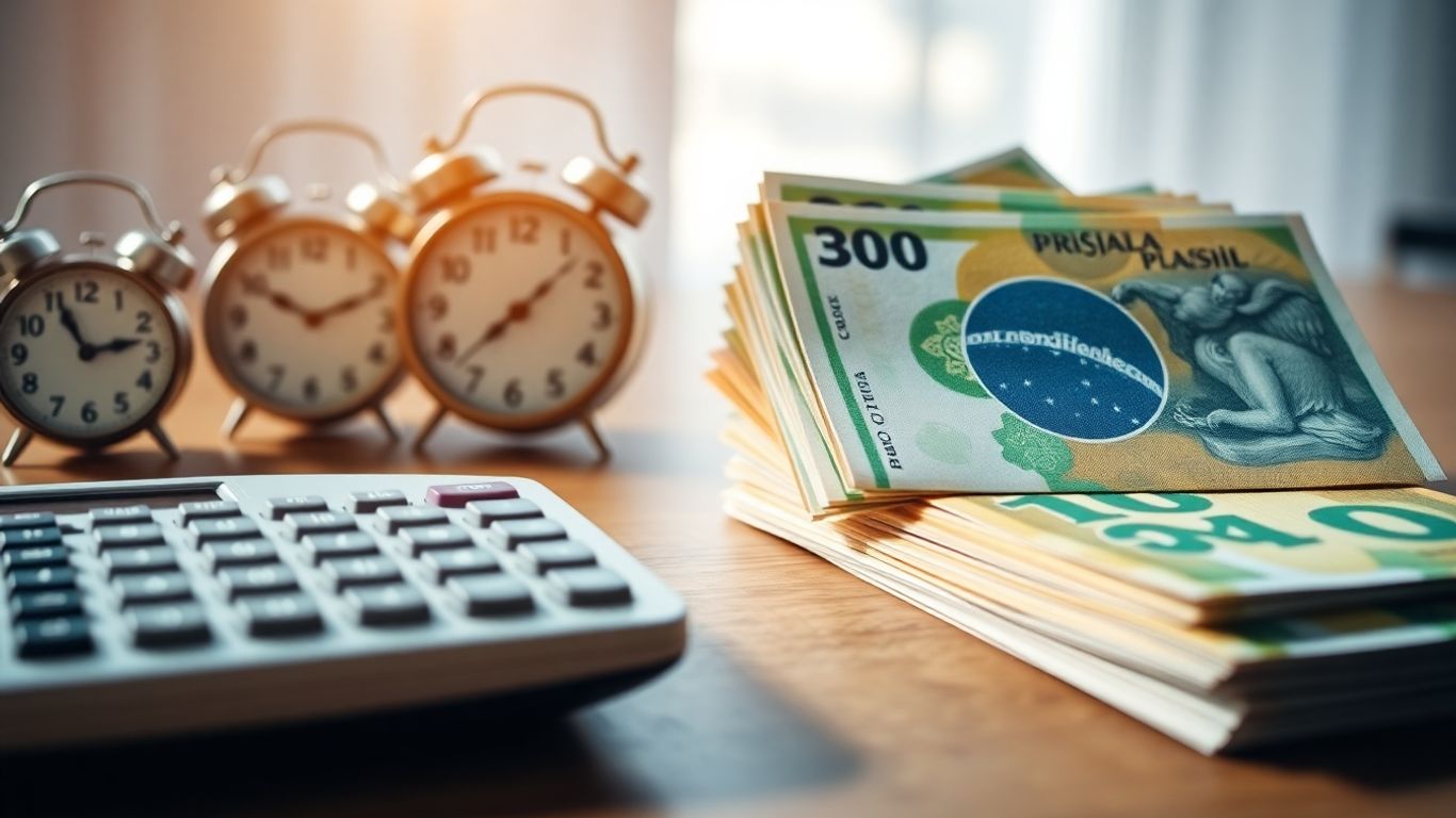 Cédulas de real, calculadora e relógio sobre mesa de madeira.