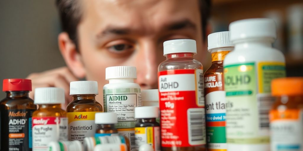 Person examining various ADHD medication bottles.